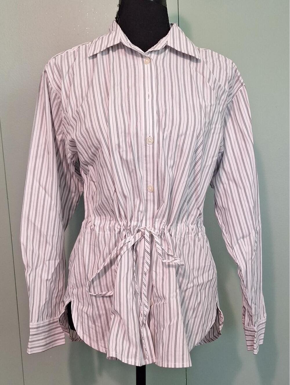 Loft White And Black Striped Long Sleeve Tie Waist Blouse Size Xxs